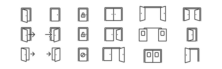 Door icon set. Login, logout, register, lock signs. Emergency exit symbol.
