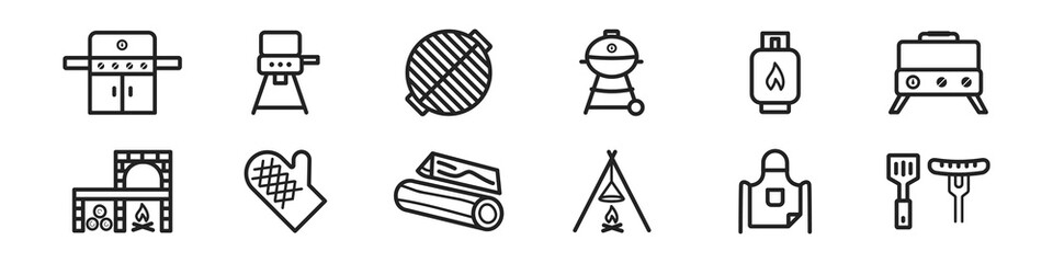 Outline grilling icon set. Barbecue grill party. Outline vector set. BBQ symbol. Weekend concept.