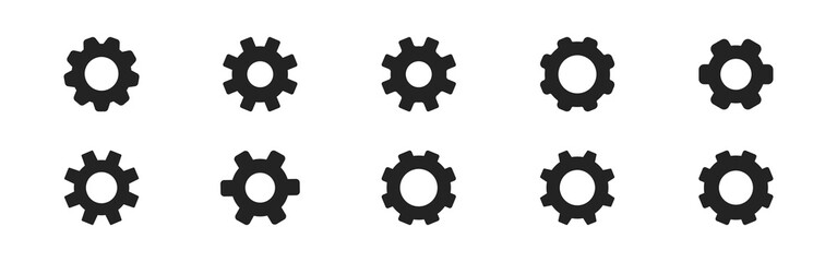 Gear icon set on white background. Black pictogram. Cogwheel gear, setting symbol. Icon set. Mechanism sign. Round shape.