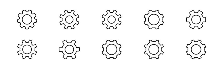 Gear icon set on white background. Cogwheel gear, setting symbol. Icon set. Mechanism sign. Round shape.