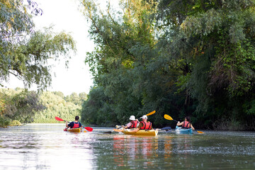 Group of people (friends) kayaking in wild Danube river and lake on biosphere reserve in spring