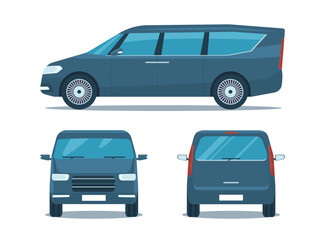 Mini van car set. Side, front and back view. Vector illustration.