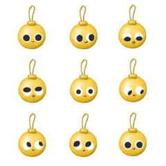 Set of yellow adorable funny cute balls with faces, Christmas ornaments, baubles, bulbs, different emotions isolated, pack of icons for children celebration design, New year elements illustration