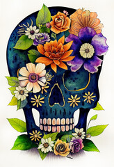 Vintage embroidered flower skull. Muertos Dead Day Fashion design decoration print. Orange marigold daisy chamomile beautiful isolated on black background. Greeting invitation illustration