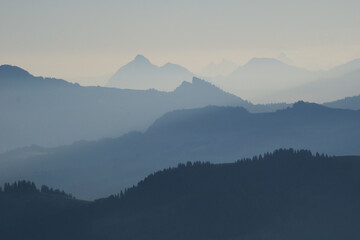 Silhouettes of Mount Stanserhorn and other mountains in Lucerne Canton.