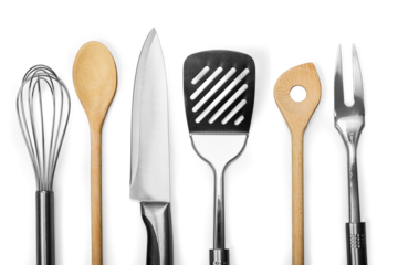 Set of modern steel kitchen utensils on wooden table
