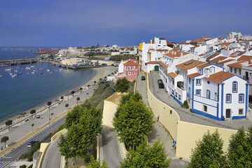 Panorama view over the Historic city center, the Harbor and the Atlantic Ocean, Sines, Alentejo, Portugal