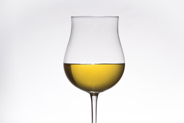 variety of white wine in tulip glass, winemaking, wineries, white background.