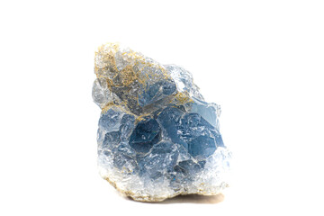 Real light blue celestine crystal cluster isolated on white background