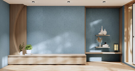 cabinet in modern zen living room on light blue wall background,3d rendering