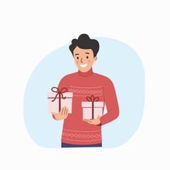 Happy young man with gift boxes. Flat style cartoon vector illustration.