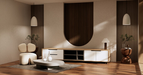 Cabinet room wooden interior wabisabi style.3D rendering