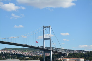 Istanbul city, mosque, bridge, water view, sky and clouds