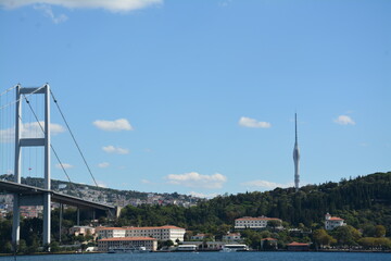 Istanbul city, mosque, bridge, water view, sky and clouds
