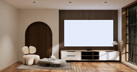 Cabinet wooden japandi design on living room wabi sabi style empty wall background.3D rendering