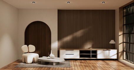 Cabinet room wooden interior wabisabi style.3D rendering