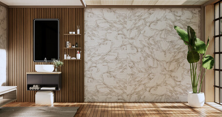 The Bath and toilet on bathroom japanese wabi sabi style .3D rendering
