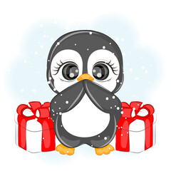 Christmas cute penguin with presents, vector illustration