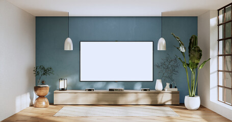 cabinet in modern zen living room on light blue wall background,3d rendering