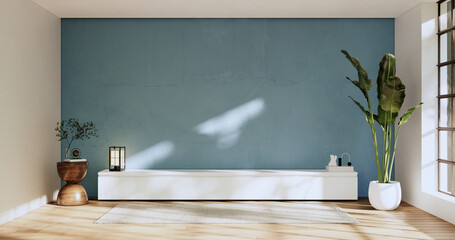 cabinet in modern zen living room on light blue wall background,3d rendering - obrazy, fototapety, plakaty