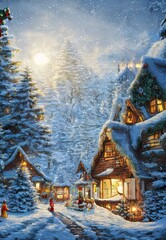 Illustration of a house and a Christmas tree in the mountains
