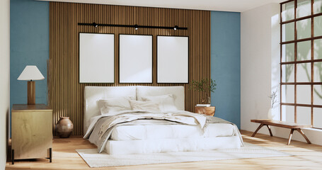 Wabi sabi bed and decoartion plants in japanese Blue bedroom. 3D rendering.