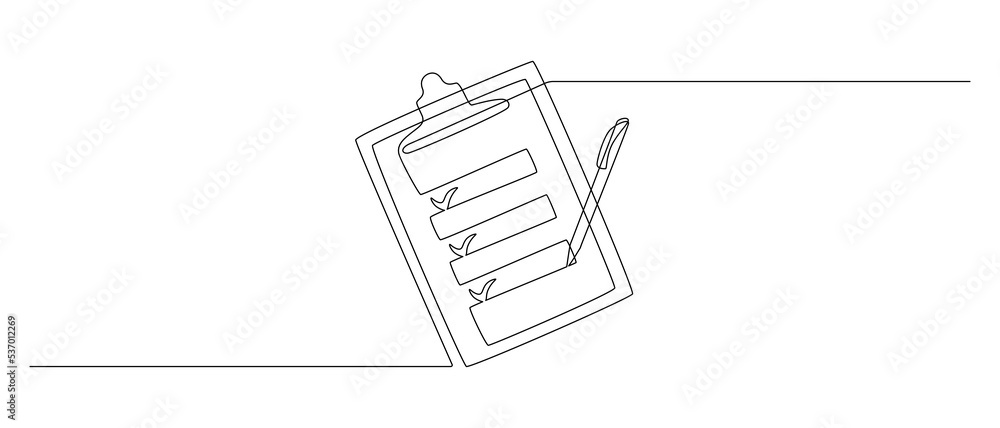 Poster clipboard with checklist and pen in one continuous line drawing. to do list with ticks and concept f