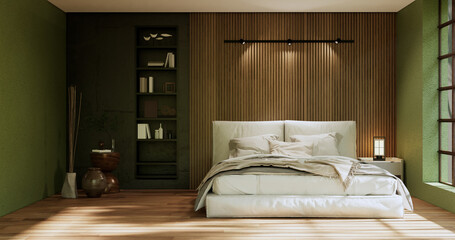 Obraz na płótnie Canvas Bedroom japanese minimal style.,Modern green wall and wooden floor, room minimalist. 3D rendering