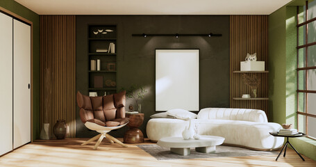 Bedroom japanese minimal style.,Modern green wall and wooden floor, room minimalist. 3D rendering