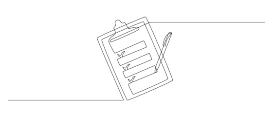 Papier Peint photo autocollant Une ligne Clipboard with checklist and pen in one continuous line drawing. To do list with ticks and concept for test expertise and exam in simple linear style. Editable stroke. Doodle vector illustration