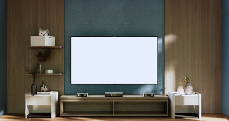 cabinet in modern zen living room on light blue wall background,3d rendering