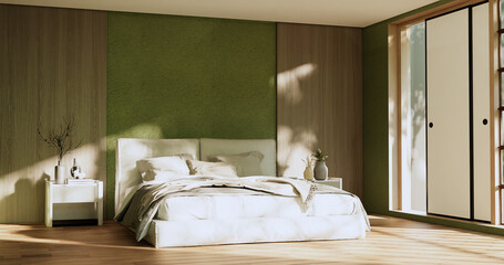 Fototapeta na wymiar Bedroom japanese minimal style.,Modern green wall and wooden floor, room minimalist. 3D rendering