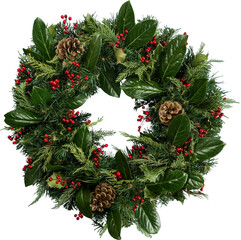 Christmas wreath made of fir tree and cones isolated on white. Christmas decorations