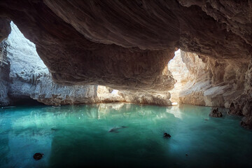 Beautiful view of cosmic cave with exotic walls and crystal clear water. 3D illustration