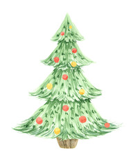 Watercolor illustration of a Christmas tree with toys. Isolated. Watercolor Christmas tree card. Holiday illustration for design, print, fabric or background.