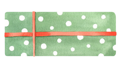 Presents. Beautiful green polka dot gift boxes with red ribbon. Watercolor hand drawn illustration. A simple Christmas gift with ribbon covered with decorative paper. Isolated