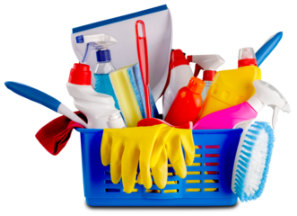 Plastic bottles and cleaning sponges on white background