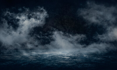 Obraz premium Fog In Darkness - Smoke And Mist On Street Reflection On Wet Asphalt- Abstract And Defocused Halloween Backdrop