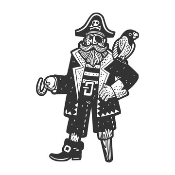 one legged one armed pirate with parrot bird sketch engraving raster illustration. Scratch board imitation. Black and white hand drawn image.