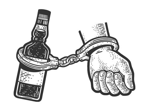 Hand cuffed to alcohol bottle alcoholism metaphor hostage whiskey sketch engraving raster illustration. Scratch board imitation. Black and white hand drawn image.