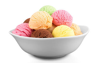 Ice cream scoops in bowl on white background