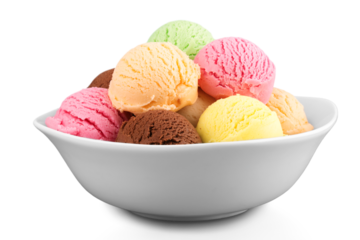 Ice cream scoops in bowl on white background