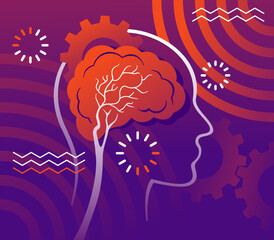 Human brain in abstract purple decoration