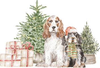 English cocker spaniel dogs with gift boxes and Christmas tree