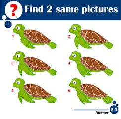 Children educational game. Find two same pictures of cute sea turtle