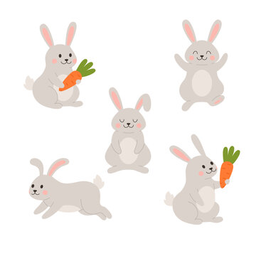 Cute rabbit or bunny holding carrot, flat vector illustration isolated on white background.
