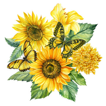 Butterfly, leaves and yellow flowers, lily, sunflowers. Illustration in vintage watercolor style.