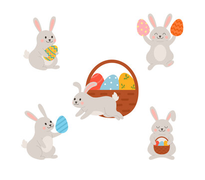 Set of cute cartoon rabbits with colored eggs flat style