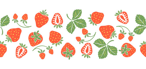 Seamless pattern with red strawberries. Decorative berries and leaves.