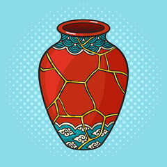Repaired Japan vase kintsugi art color pinup pop art retro raster illustration. Comic book style imitation.
